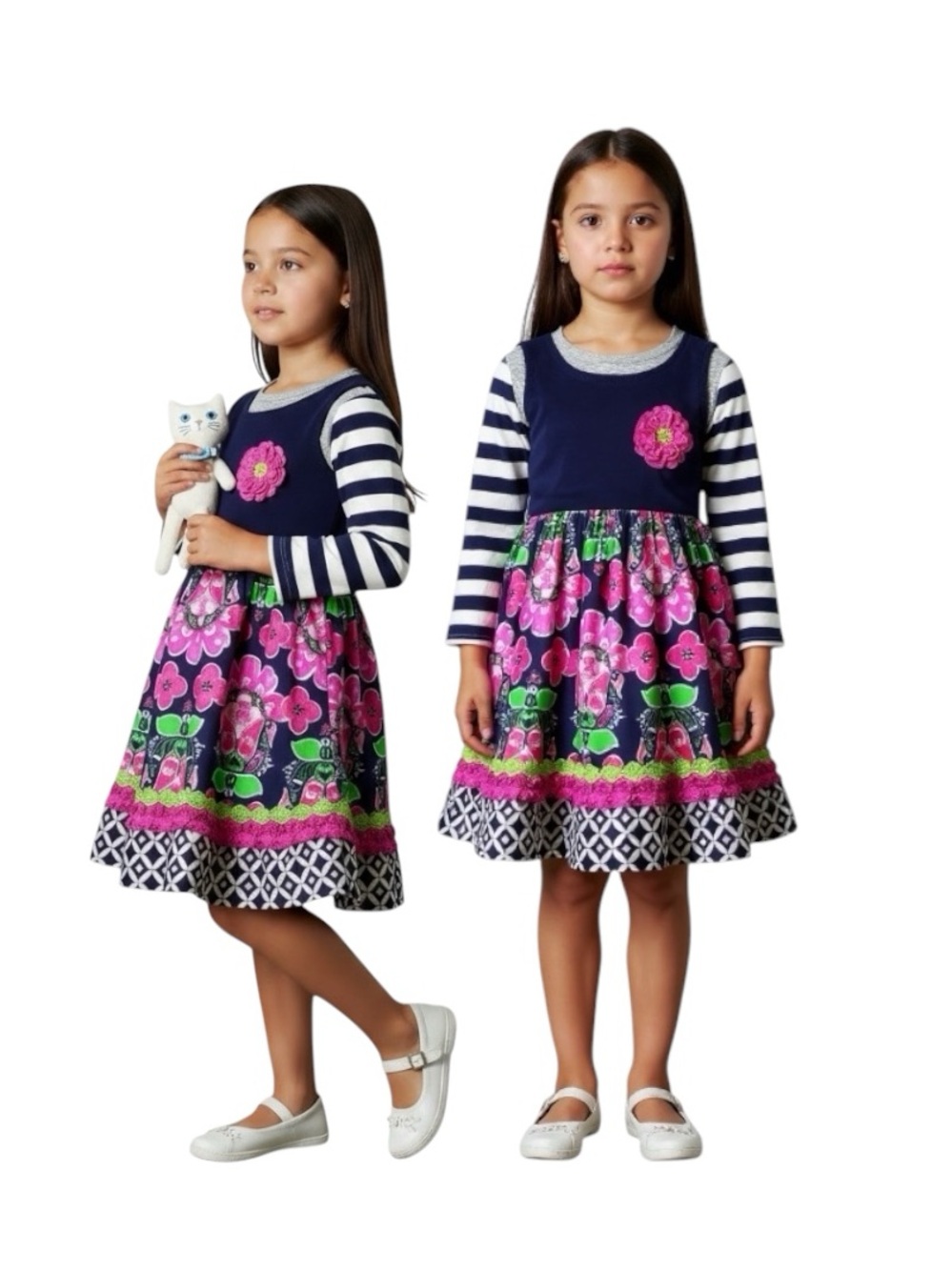 Navy & Pink Floral Stripe Girls' Casual Sweater Dress with Decorative Flower - Picture 9 of 14